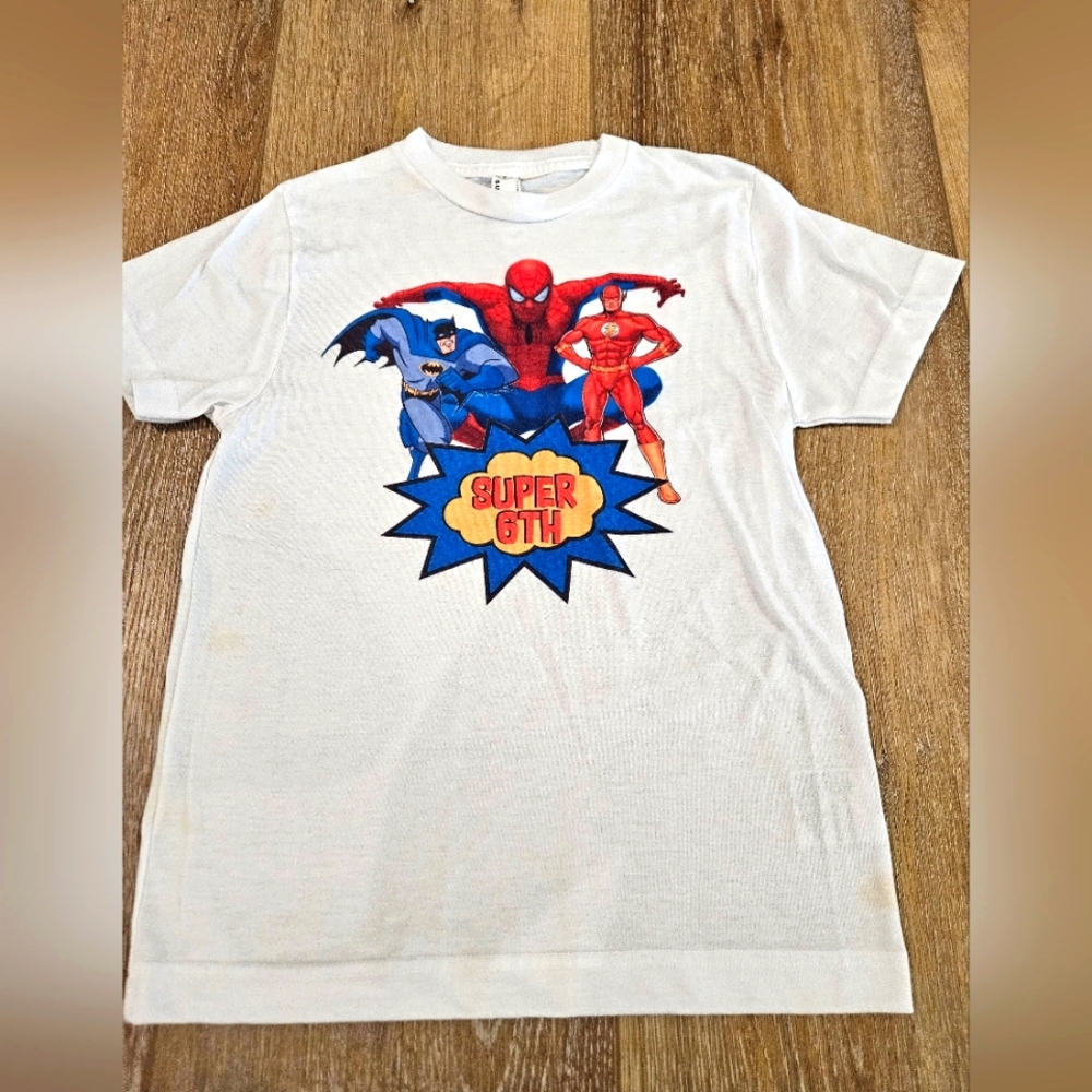 Custom made superhero 6th birthday party shirt